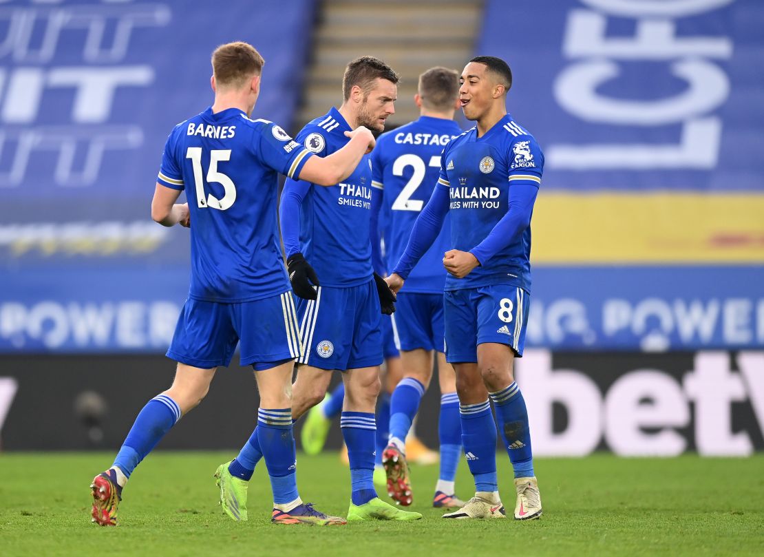 Jamie Vardy (second left) is congratulated by Leicester City teammates after his deflected effort gave his side a 2-2 home draw with Manchester United on Boxing Day.  