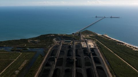 Coal awaiting export at the Abbot Point coal terminal, in Queensland, Australia, July 5, 2017. Australia has approved the Adani Group's Carmichael coal mine project, which would export through this port. 
