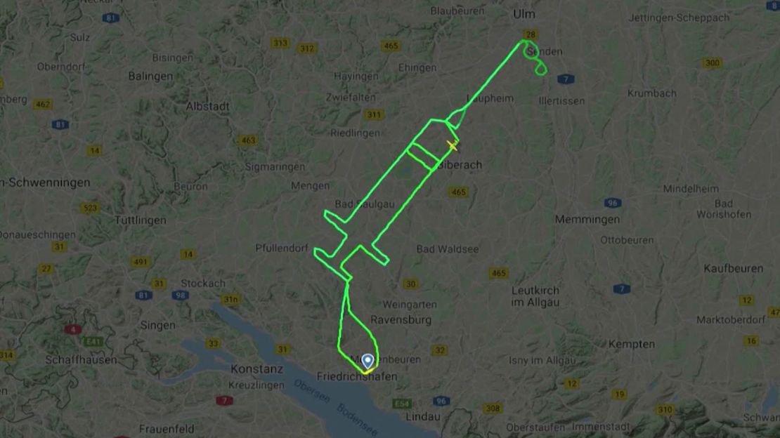 This image, from plane tracking website FlightRadar24, shows the syringe-shaped path of pilot Samy Kramer's December 23 flight.
