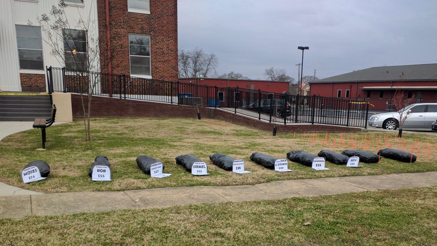 Protesters placed fake body bags on the Marshall County Courthouse lawn in Albertville, Alabama. 