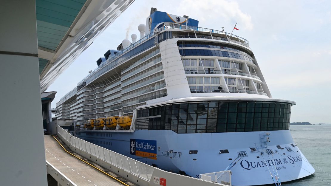 The Royal Caribbean cruise ship Quantum of the Seas pictured docked at Marina Bay Cruise Centre in Singapore on December 9, 2020, after a passenger onboard tested positive for Covid-19.