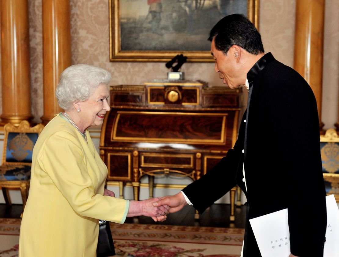 Queen Elizabeth II meets Chinese ambassador Liu Xiaoming during a private audience at Buckingham Palace on May 26, 2010 in London.