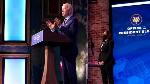 President-elect Joe Biden speaks at The Queen Theater on Monday, Dec. 28, 2020, in Wilmington, Del. Vice President-elect Kamala Harris listens at right. 