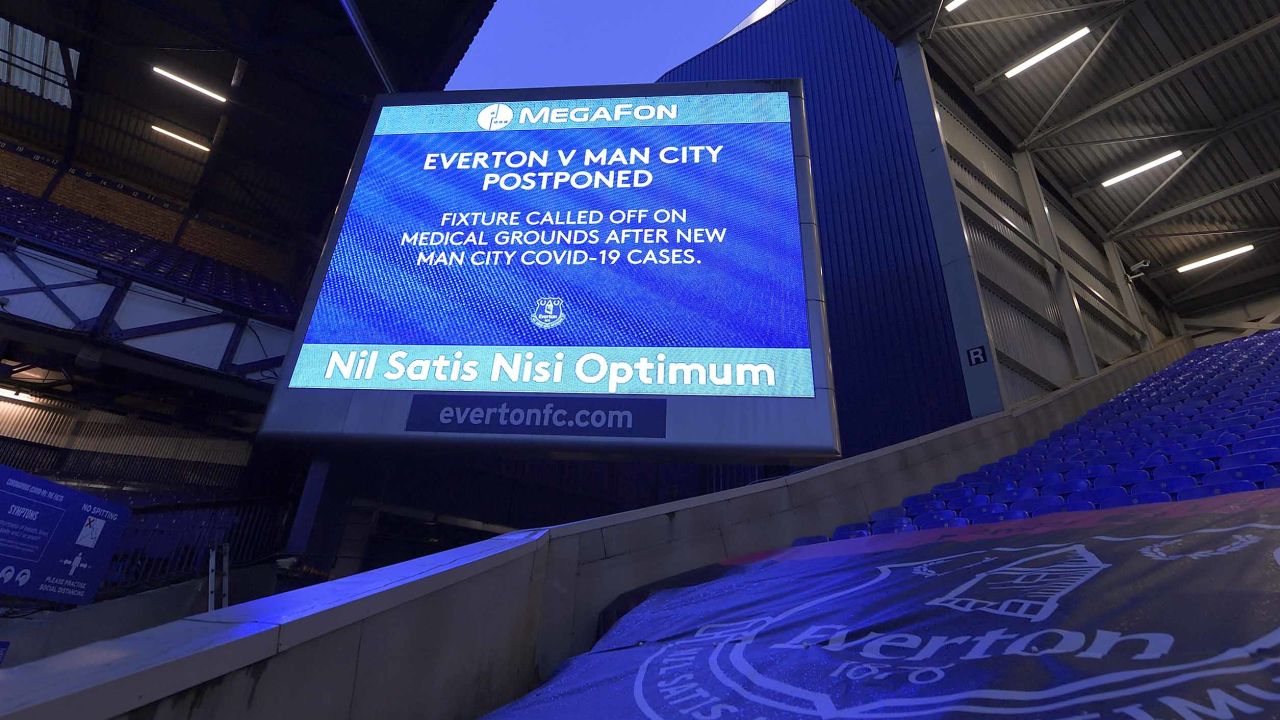 A big screen graphic announcing the fixture being called off before the expected Premier League match between Everton and Manchester City at Goodison Park on December 28 2020 in Liverpool, England.