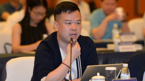Lin Qi, chairman and CEO of Yoozoo Games, speaks during a meeting on May 25, 2018 in Chengdu, Sichuan province.