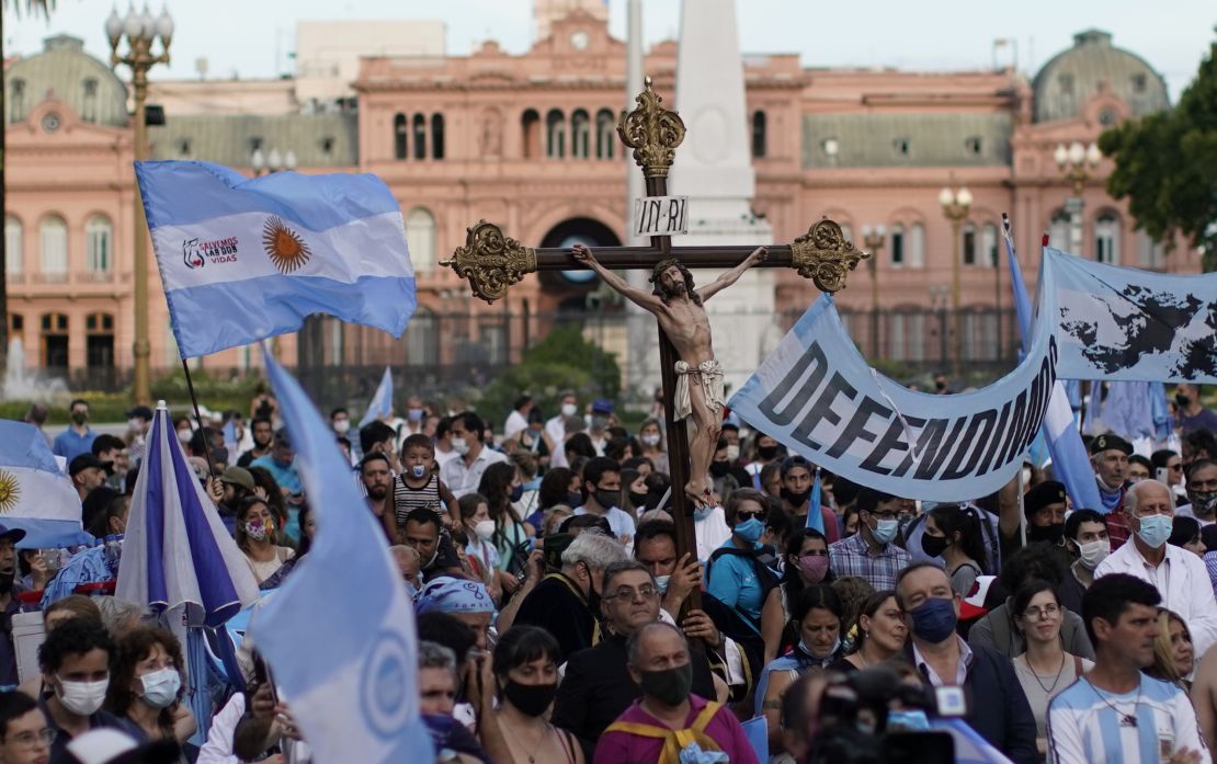 Anti-abortion activists protest against the decriminalization of abortion in Buenos Aires on Monday. 