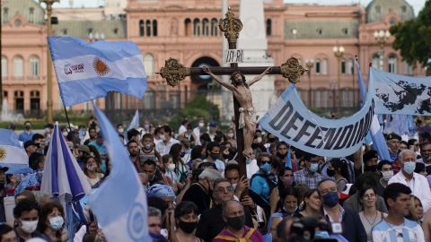 Anti-abortion activists protest against the decriminalization of abortion in Buenos Aires on Monday.
