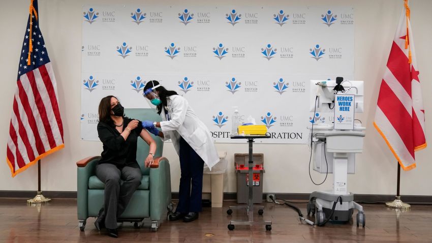 Vice President-elect Kamala Harris receives the Moderna COVID-19 vaccine from nurse Patricia Cummings, Tuesday Dec. 29, 2020, at United Medical Center in southeast Washington. (AP Photo/Jacquelyn Martin)