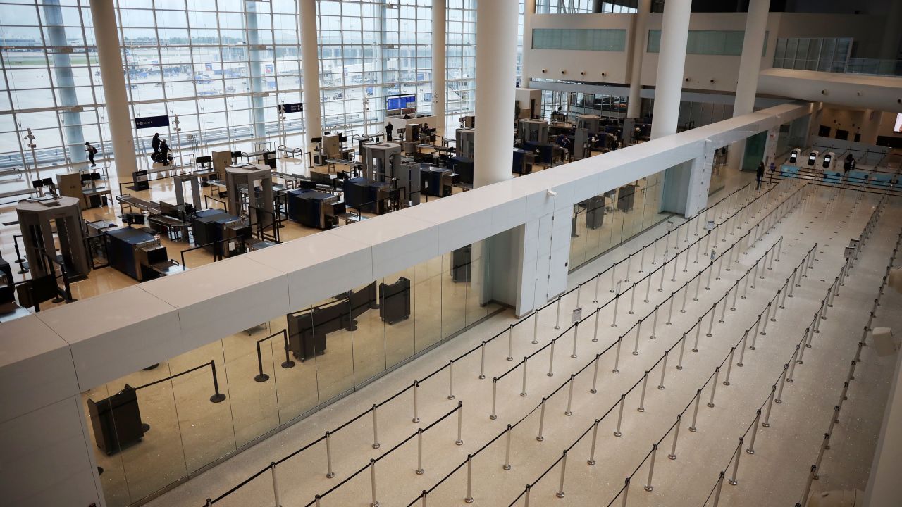 Empty TSA security lines are seen at Louis Armstrong International Airport in New Orleans, Louisiana. Air travel is down an estimated 94 percent due to the coronavirus pandemic