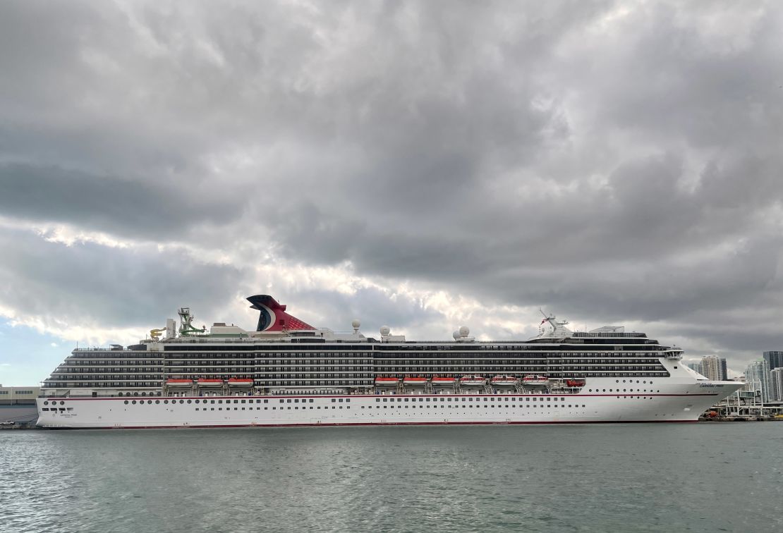 The cruise ship "Carnival Pride" part of the Carnival Cruise Line is seen moored at a quay in the port of Miami. 