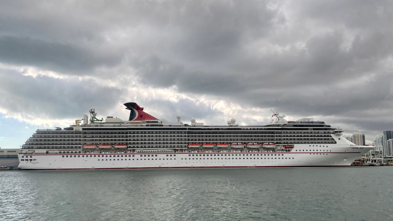 The cruise ship "Carnival Pride" part of the Carnival Cruise Line is seen moored at a quay in the port of Miami.