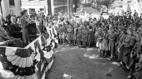 The first Girl Scout of America, Mrs. Samuel G. Laurence  addresses a crowd in Savannah, Georgia, during a celebration honoring her aunt, Juliette Low, founder of the Girl Scouts of America.  