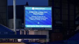 LIVERPOOL, ENGLAND - DECEMBER 28:  A big screen graphic announcing the fixture being called off before the expected Premier League match between Everton and Manchester City at Goodison Park on December 28 2020 in Liverpool, England. (Photo by Tony McArdle/Everton FC via Getty Images)