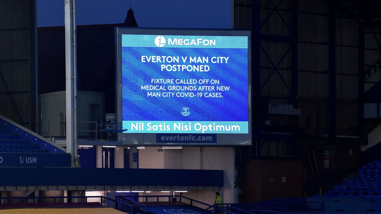 A big screen graphic announcing the fixture being called off before the Premier League match between Everton and Manchester City.