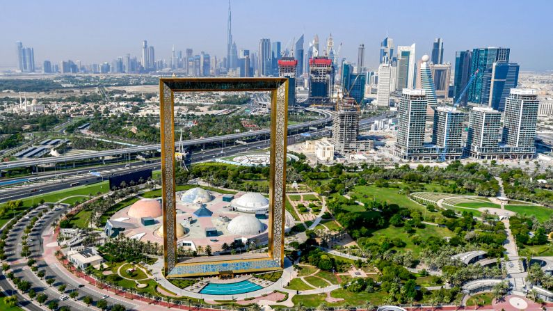 Opened to the public in 2018, Dubai Frame is the world's largest picture frame, although it's more than a <a href="index.php?page=&url=https%3A%2F%2Fedition.cnn.com%2Ftravel%2Fgallery%2Fdubai-beauty-spots-2%2Findex.html" target="_blank">decorative</a> structure. The monument, observatory and museum is <a href="index.php?page=&url=https%3A%2F%2Fwww.visitdubaiframe.com%2Fgolden-picture-frame-dubai%2F" target="_blank" target="_blank">150 meters (493 feet) tall</a>, and in 2019, welcomed 17.73 million visitors. 