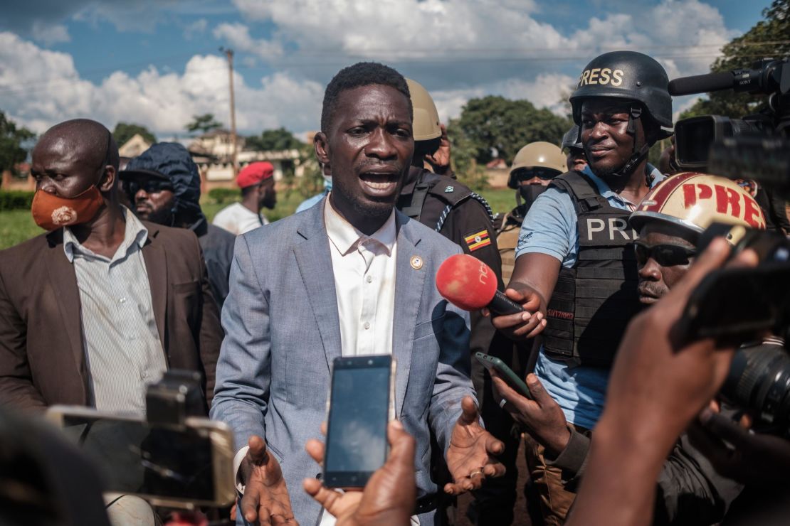 Bobi Wine addresses the media after his car was shot by police in Jinja during his campaign trail on December 1, 2020