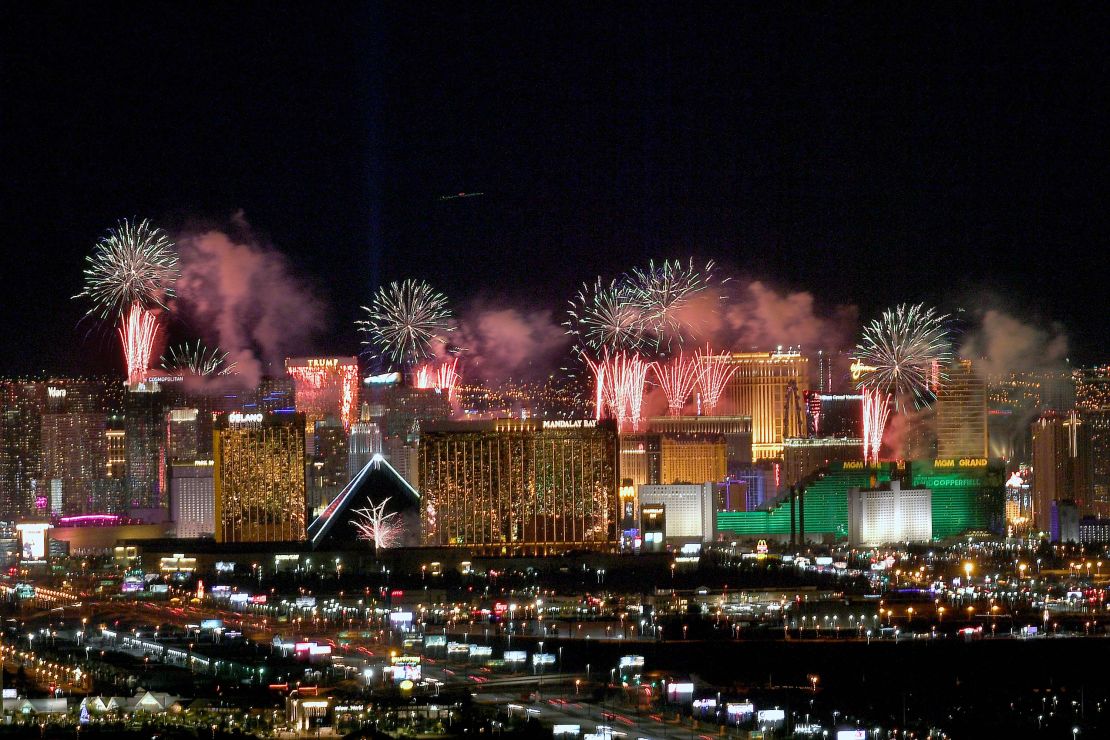 Fireworks illuminate the skyline over the Las Vegas Strip during an eight-minute pyrotechnics show put on by Fireworks by Grucci titled "America's Party 2020."