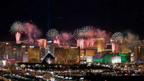 Fireworks illuminate the skyline over the Las Vegas Strip during an eight-minute pyrotechnics show put on by Fireworks by Grucci titled "America's Party 2020."