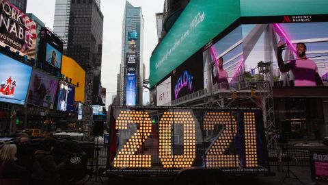 A lit sign showing "2021" arrives in New York's Times Square on December 21.
