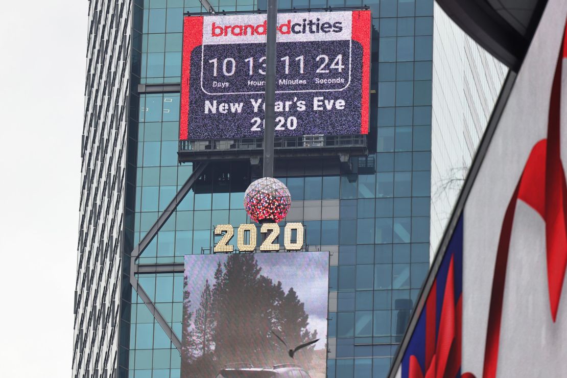 A countdown clock is seen behind the 2020 New Year's Eve numerals on December 21, 2020 in New York.