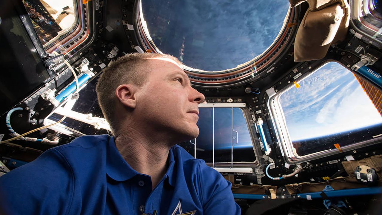 Virts is shown inside the space station's cupola.