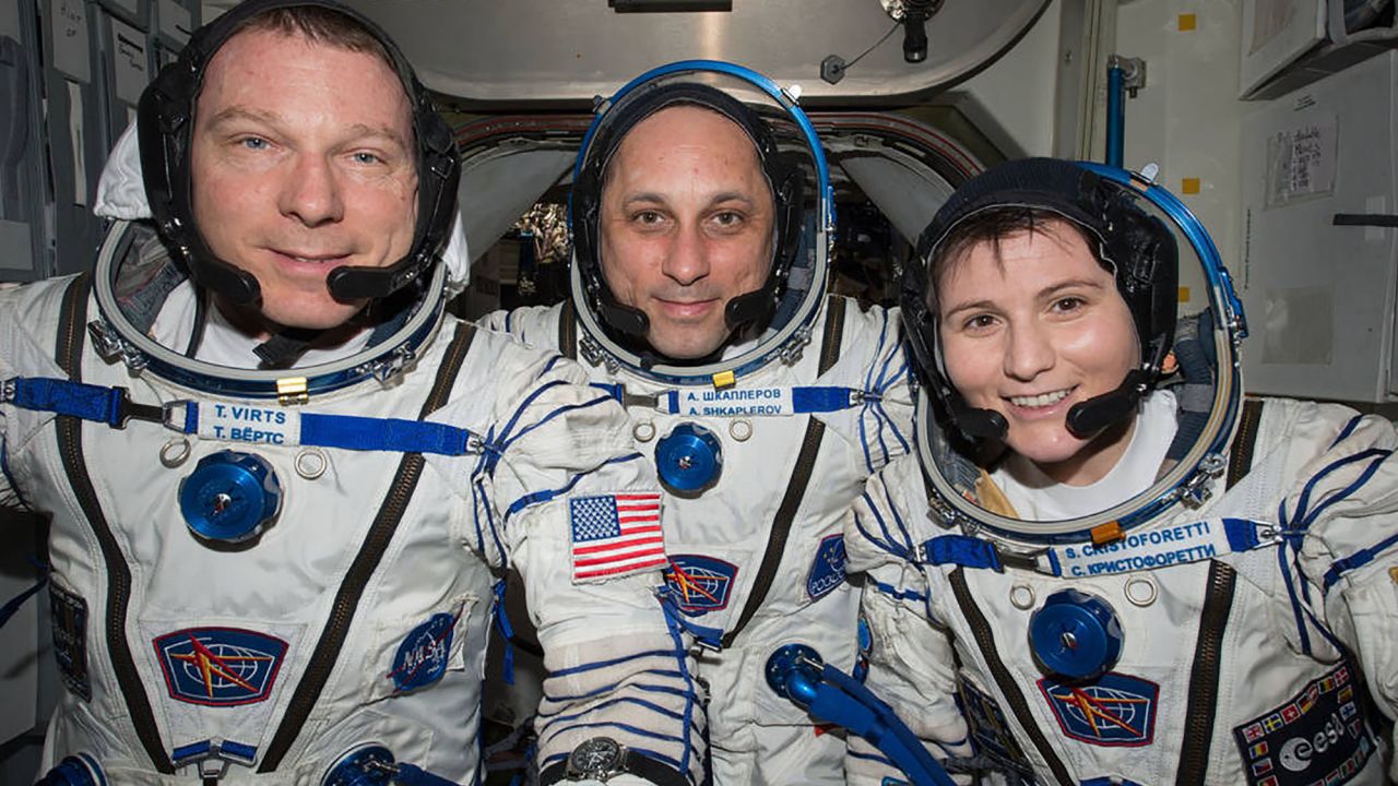 (From left) NASA astronaut Terry Virts, commander of Expedition 43, is seen on the International Space Station along with crewmates Russian cosmonaut Anton Shkaplerov and European Space Agency astronaut Samantha Cristoforetti on May 6, 2015.