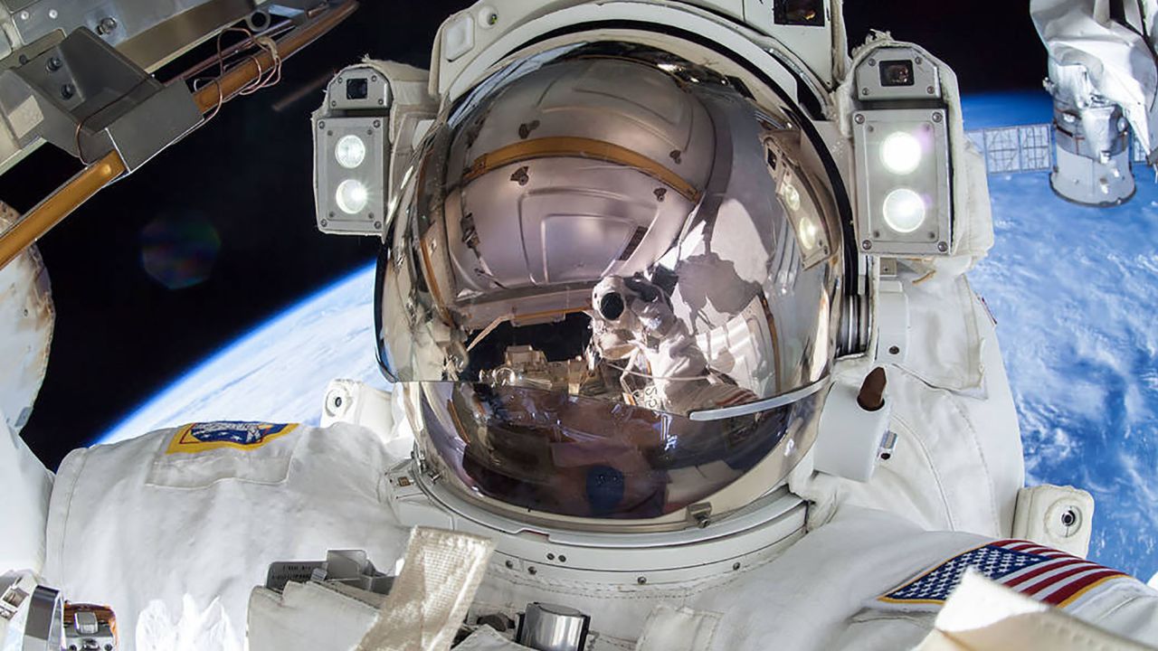 Virts is pictured during one of his three spacewalks.
