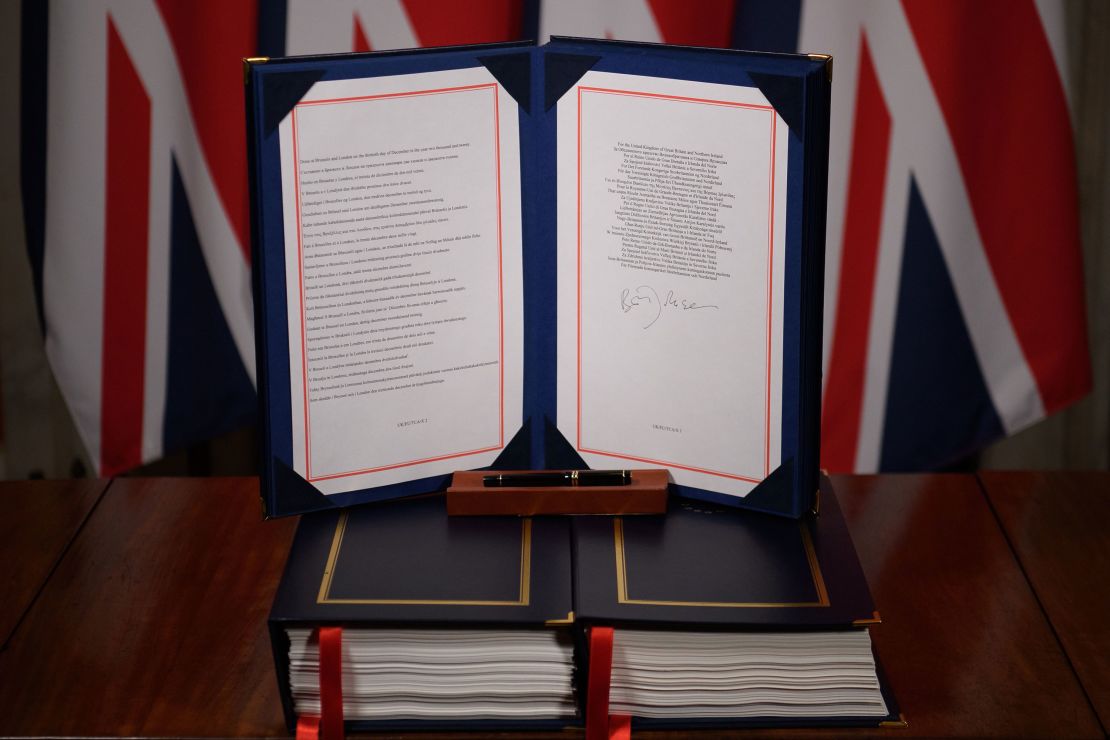 A picture shows the signature of UK Prime Minister Boris Johnson on the Trade and Cooperation Agreement between the UK and the EU at 10 Downing Street in London on December 30.