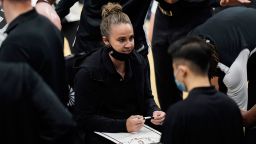 San Antonio Spurs assistant coach Becky Hammon calls a play during a timeout in the second half of the team's NBA basketball game against the Los Angeles Lakers in San Antonio, Wednesday, Dec. 30, 2020. (AP Photo/Eric Gay)