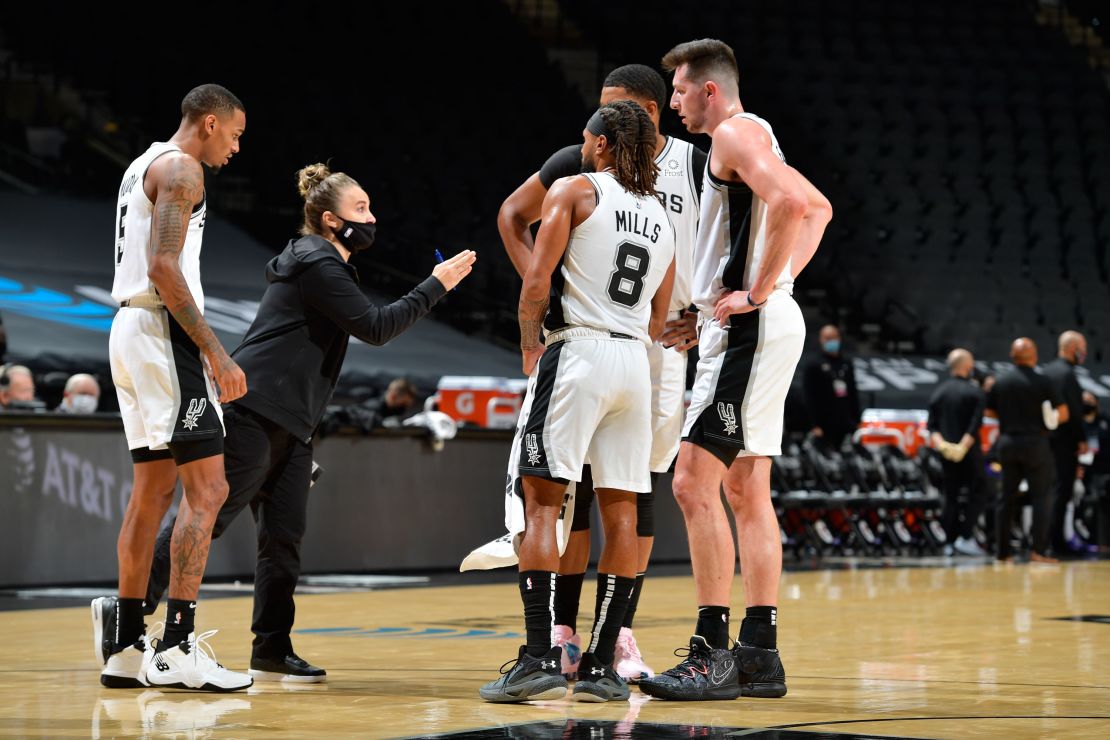 Hammon, seen here coaching the Spurs on Wednesday, joined the team as an assistant in 2014, becoming the first woman to hold a full-time coaching position in the NBA.