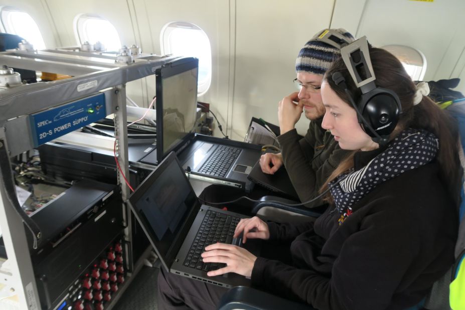The lab conducts research into atmospheric conditions. Freya Lumb works onboard the aircraft during a mission to observe the properties of ice clouds. 