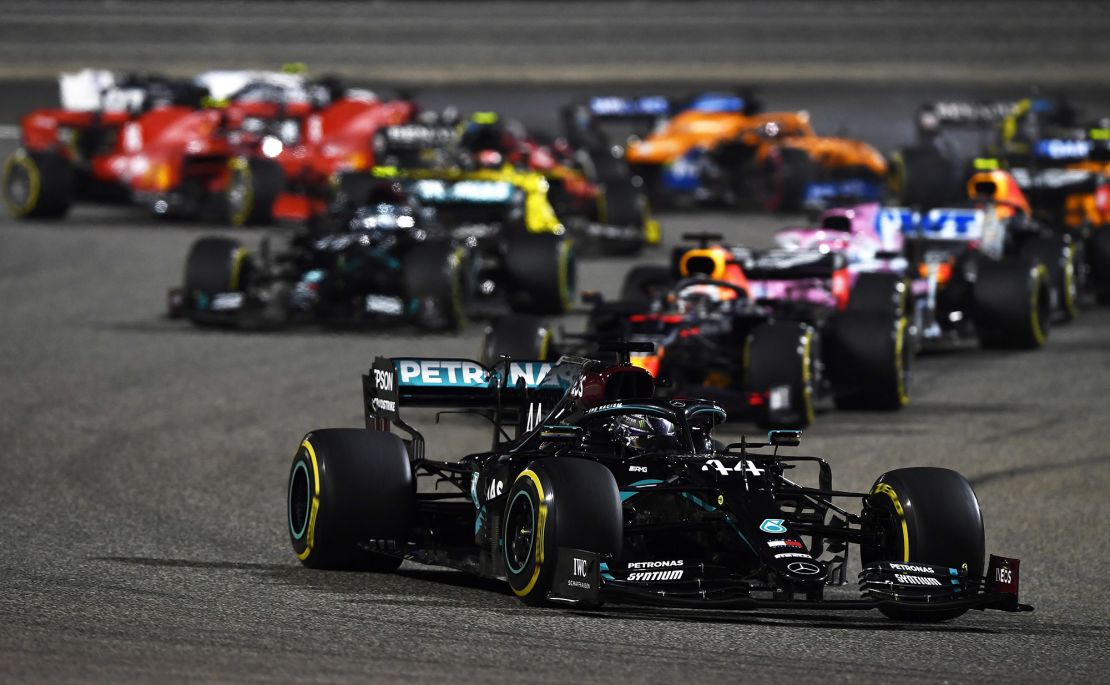 Hamilton driving during the F1 Grand Prix of Bahrain.