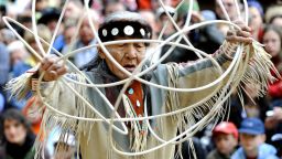 Navajo elder Jones Benally performs a traditional hoop dance at a festival in Germany on May 3, 2008.
