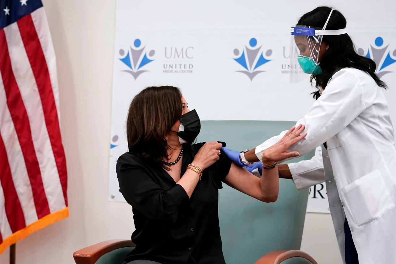 US Vice President-elect Kamala Harris thanks nurse Patricia Cummings after receiving a Covid-19 vaccine in Washington, DC, on Tuesday, December 29. Harris thanked Cummings and <a href="https://www.instagram.com/p/CJZPxCrB2iM/" target="_blank" target="_blank">said she "barely felt a thing."</a>