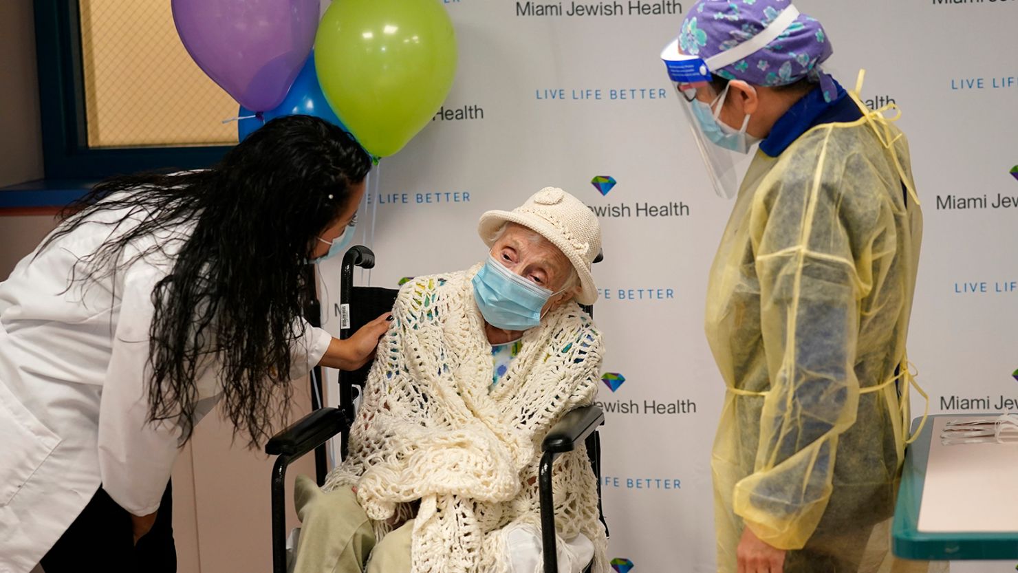 Nurses talk to 103-year-old Luz Collazo before she receives the Covid-19 vaccine at Miami Jewish Health, a senior health care facility, on December 28.