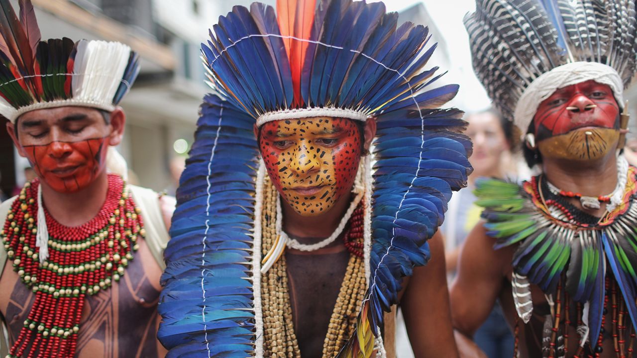 Tribe members march for indigenous territorial rights on November 11, 2015 in Angra dos Reis, Brazil. Members of the Pataxo and Guarani tribes in Rio de Janeiro state joined the march.