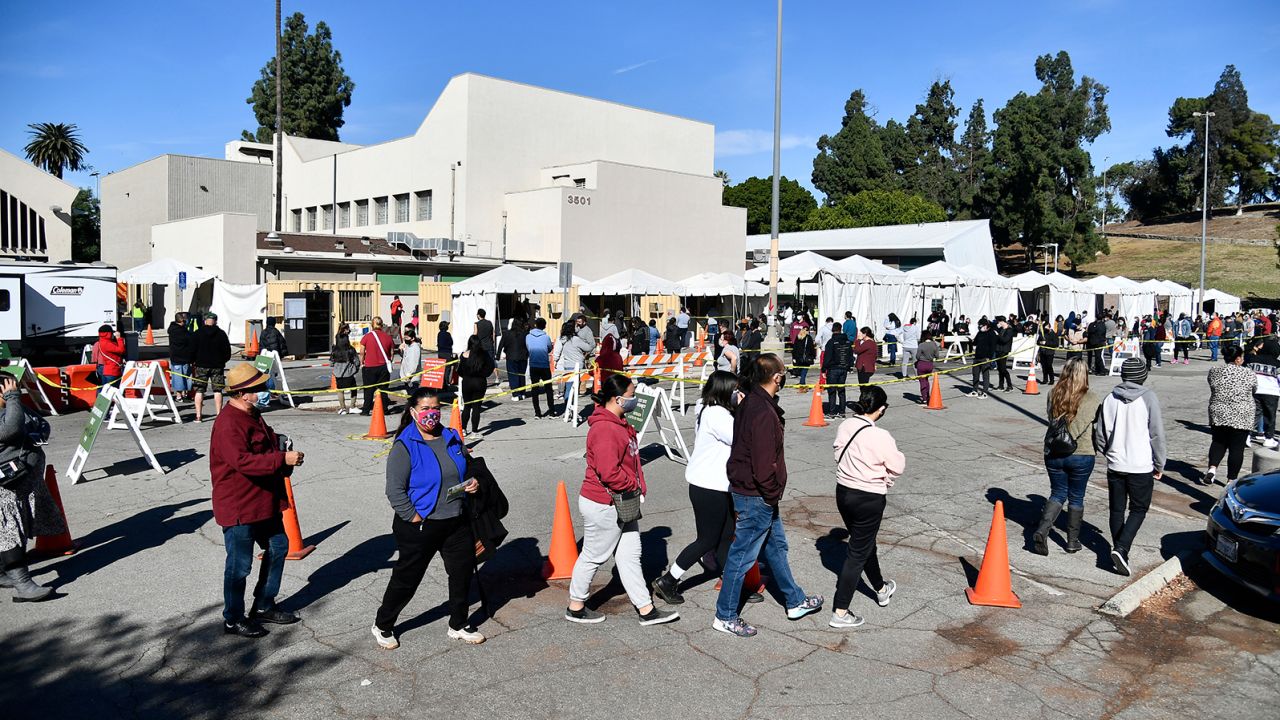 LOS ANGELES, CALIFORNIA - DECEMBER 30: People wait in line at a coronavirus testing and vaccination site at Lincoln Park on December 30, 2020 in Los Angeles, California. Los Angeles will use three existing testing sites as vaccination centers for healthcare workers. (Photo by Frazer Harrison/Getty Images)