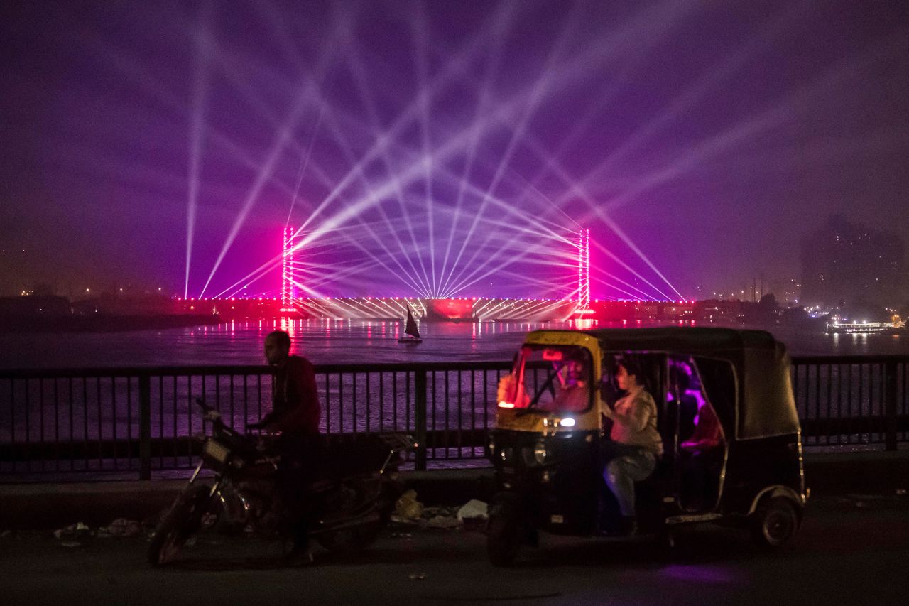 Lights are seen over the Nile River in the Egyptian capital of Cairo.