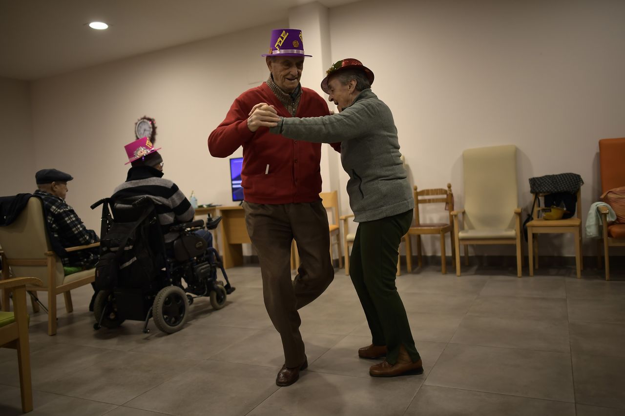 Residents of the San Jeronimo nursing home dance in Estella, Spain.