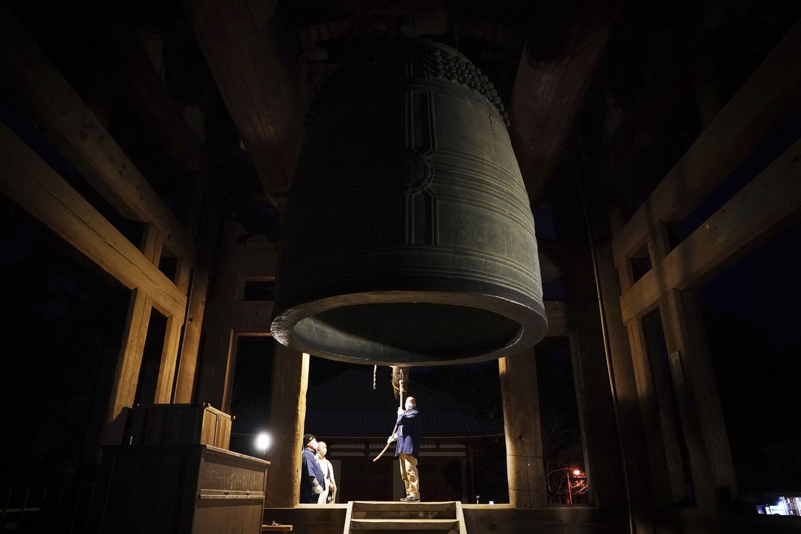 Joya-no-kane, a bell-ringing ceremony, is held at the Todaijii Temple in Nara, Japan. Usually worshippers are allowed to ring the bell, but the ceremony was more restricted this year.