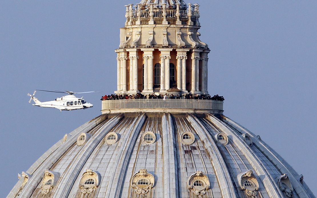 The scene in 2013, when Pope Benedict left in a helicopter for his summer residence.