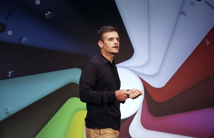 Motorola Mobility Chief Executive Dennis Woodside talks during the worldwide presentation of the Moto G mobile phone in Sao Paulo November 13, 2013.