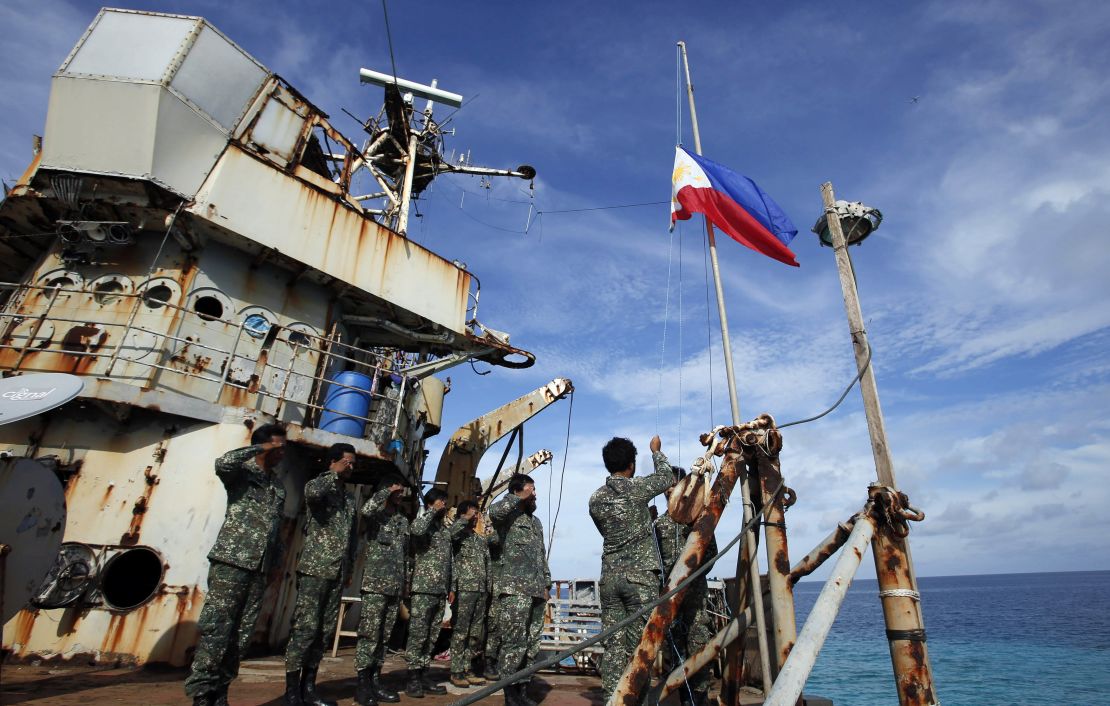 Philippine marines and members of a military detachment on the Sierra Madre at the Second Thomas Shoal on March 29, 2014.