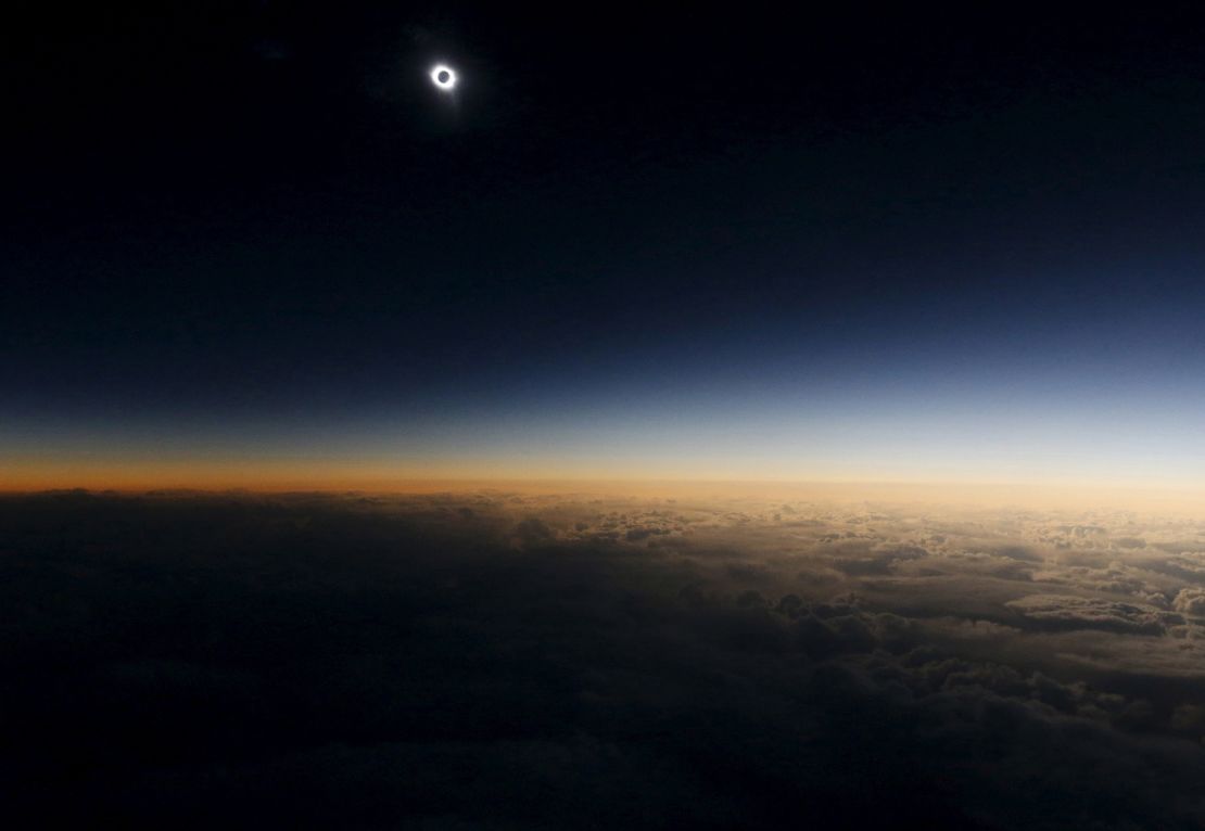 A view from a plane during an eclipse flight from the Russian city of Murmansk to observe a solar eclipse on March 20, 2015, above the Norwegian Sea.