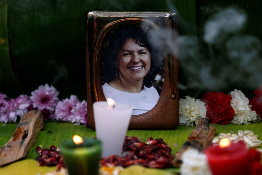 Photos of environmental rights activist Berta Caceres can be seen on June 15, 2016, during demonstrations calling for justice for her murder outside the Honduras embassy in Mexico City, Mexico.