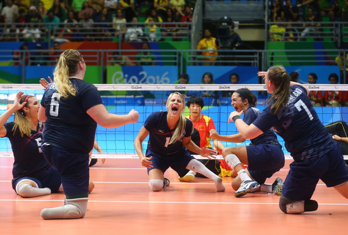 Players of team United States celebrate at the 2016 Rio Paralympics women's gold medal match.