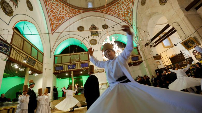 Apprentice whirling dervishes perform a traditional "Sema" ritual during a ceremony, one of many marking the 743rd anniversary of the death of Mevlana Jalaluddin Rumi, at the tomb of Mevlana in Konya, Turkey, December 7, 2016. REUTERS/Murad Sezer