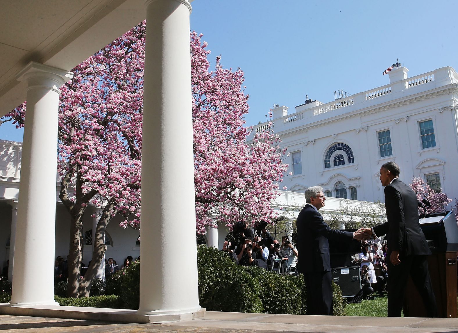 President Barack Obama, (R), shakes hands with Judge Merrick B. Garland,(L), after nominating him to the US Supreme Court, in the Rose Garden at the White House, March 16, 2016 in Washington, DC. Garland currently serves as the chief judge on the United States Court of Appeals for the District of Columbia Circuit, and if confirmed by the US Senate, would replace Antonin Scalia who died suddenly last month.