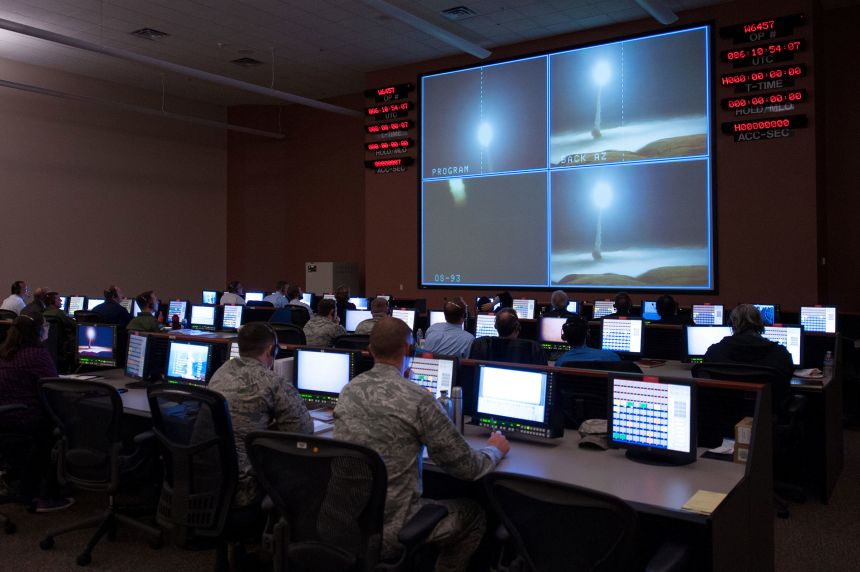 Members of the 576th Flight Test Squadron monitor an operational test launch of an unarmed Minuteman III missile, at Vandenberg Air Force Base, California, on March 27, 2015.