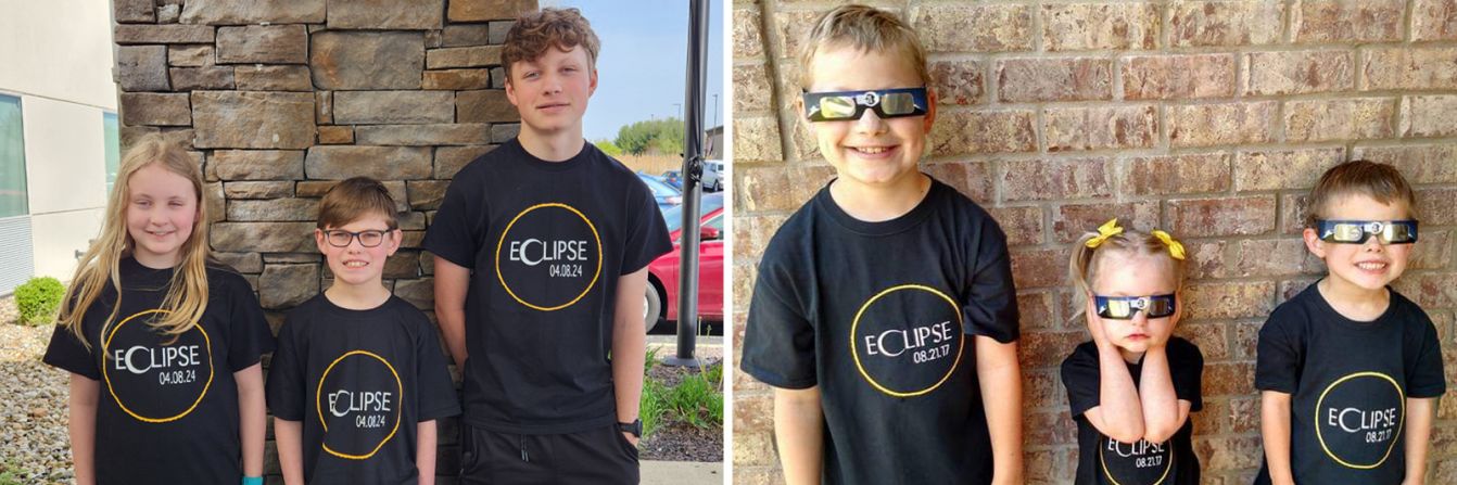 The Baumann family of Tennessee enjoyed watching the 2017 total solar eclipse so much they had to do it again this year in Marion, Illinois, Genevieve Baumann said. (From left) Cora, 10, Elliott, 11, and Brendan, 14, are seen in 2024 (left image) and 2017.